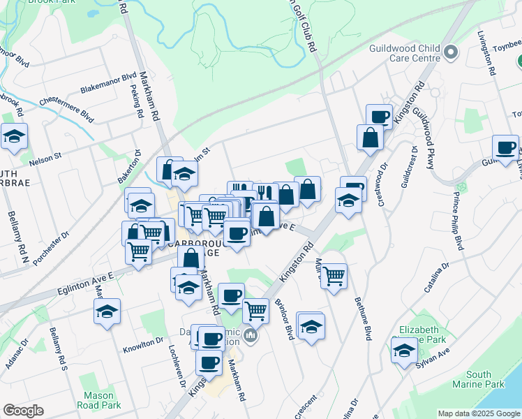 map of restaurants, bars, coffee shops, grocery stores, and more near 3380 Eglinton Avenue East in Toronto