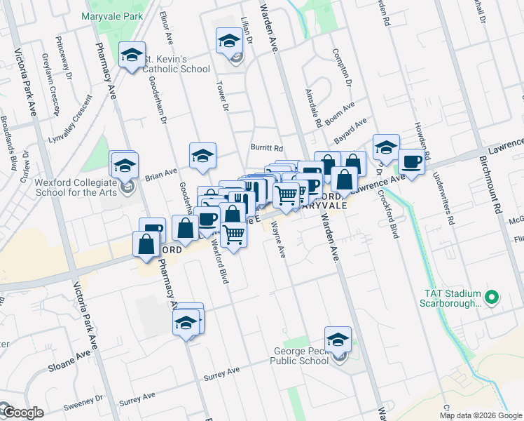 map of restaurants, bars, coffee shops, grocery stores, and more near 1960 Lawrence Avenue East in Toronto