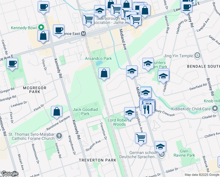 map of restaurants, bars, coffee shops, grocery stores, and more near 31 Romulus Drive in Toronto