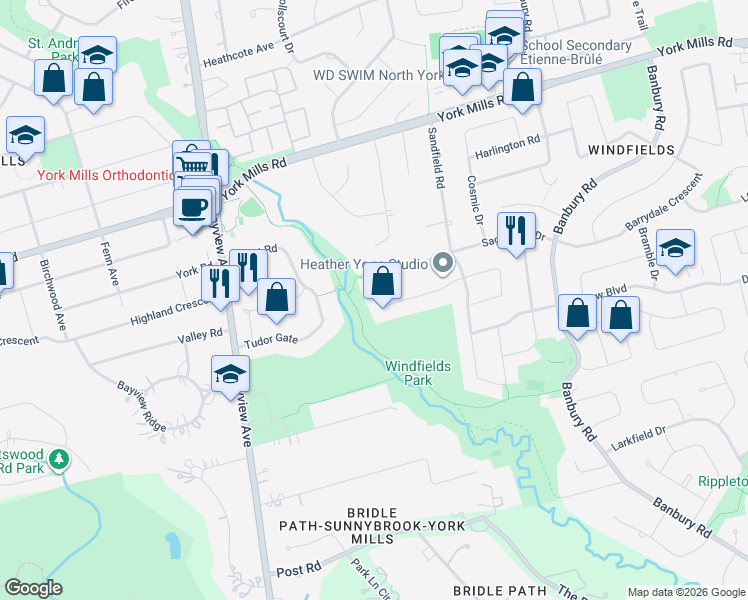 map of restaurants, bars, coffee shops, grocery stores, and more near 29 Misty Crescent in Toronto