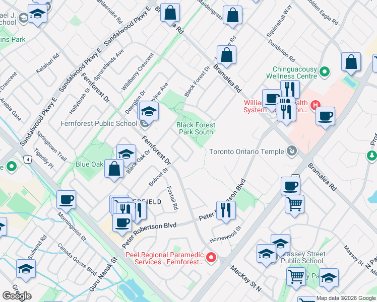 map of restaurants, bars, coffee shops, grocery stores, and more near 57 Bunchberry Way in Brampton