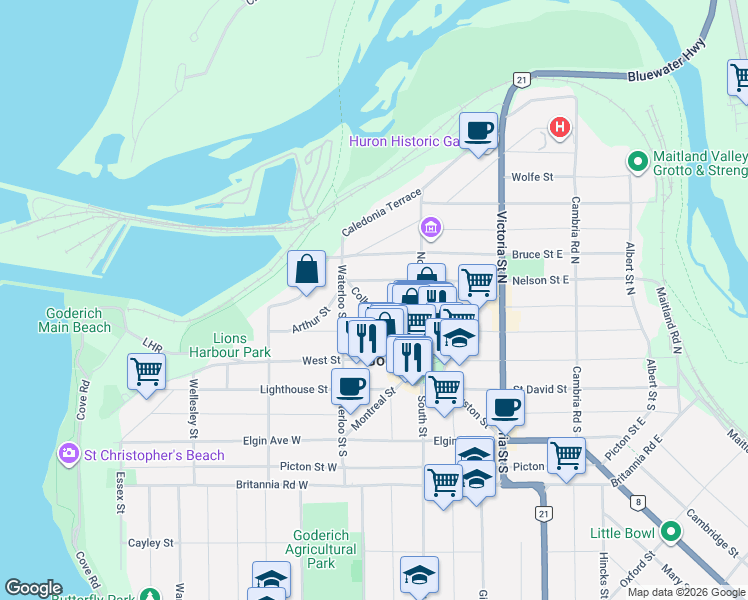 map of restaurants, bars, coffee shops, grocery stores, and more near 72 Colborne Street in Goderich