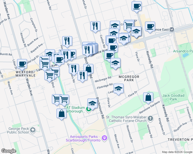map of restaurants, bars, coffee shops, grocery stores, and more near 4 Hollingworth Drive in Toronto