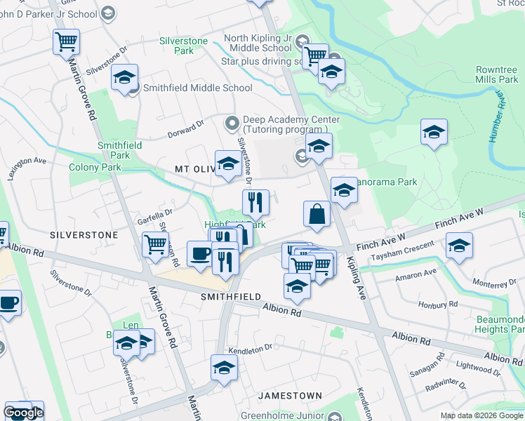 map of restaurants, bars, coffee shops, grocery stores, and more near 49 Silverstone Drive in Toronto