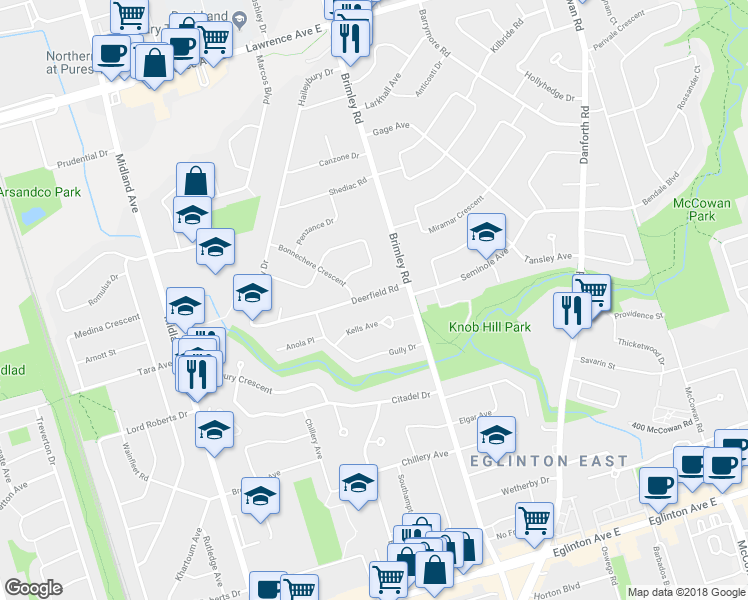 map of restaurants, bars, coffee shops, grocery stores, and more near 73 Deerfield Road in Toronto