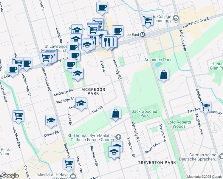 map of restaurants, bars, coffee shops, grocery stores, and more near 18 Valerie Road in Toronto