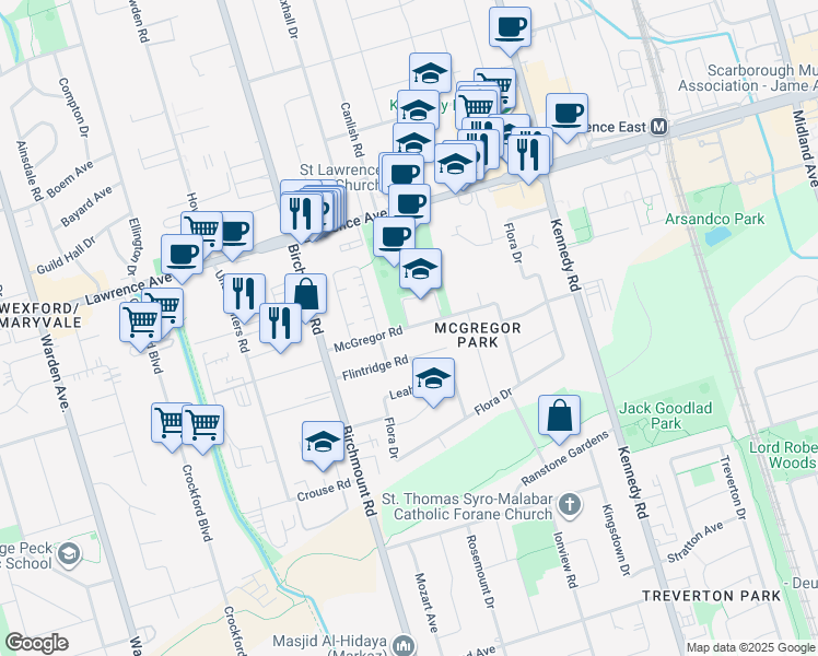 map of restaurants, bars, coffee shops, grocery stores, and more near McGregor Road in Toronto