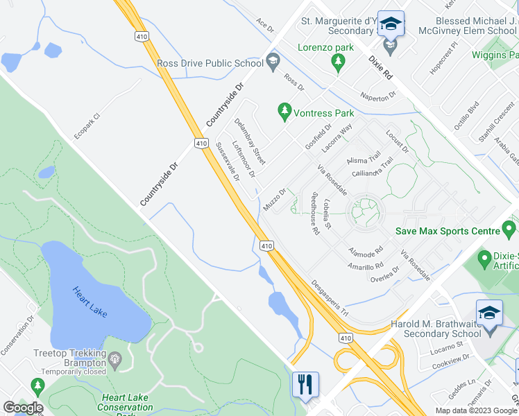 map of restaurants, bars, coffee shops, grocery stores, and more near 60 Muzzo Drive in Brampton