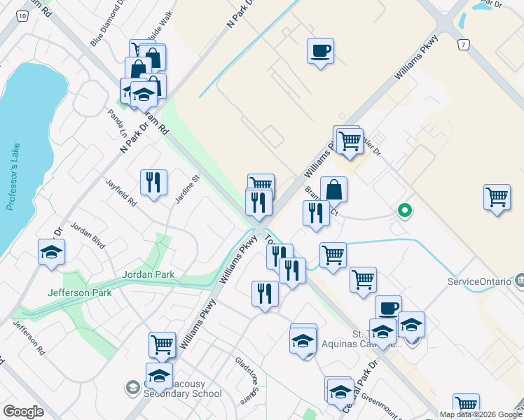 map of restaurants, bars, coffee shops, grocery stores, and more near 1650 Williams Parkway in Brampton
