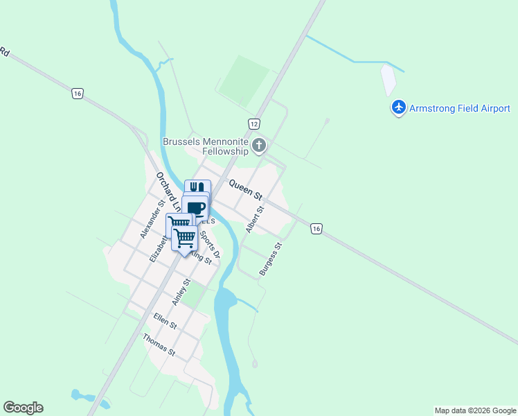 map of restaurants, bars, coffee shops, grocery stores, and more near 320 Albert Street in Huron East