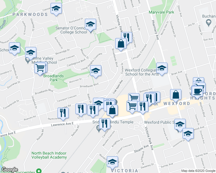map of restaurants, bars, coffee shops, grocery stores, and more near 9 Coral Cove Crescent in Toronto