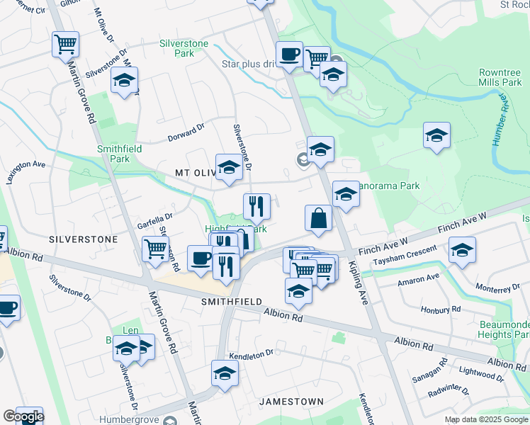 map of restaurants, bars, coffee shops, grocery stores, and more near 49 Silverstone Drive in Toronto