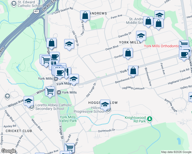 map of restaurants, bars, coffee shops, grocery stores, and more near 145 Old Yonge Street in Toronto