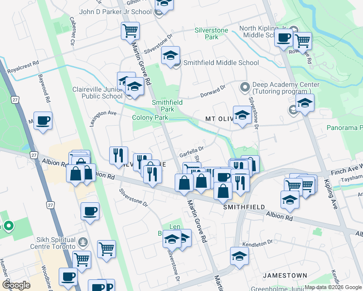 map of restaurants, bars, coffee shops, grocery stores, and more near 1901 Martin Grove Road in Toronto