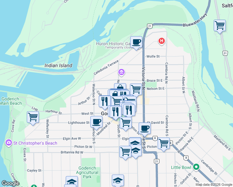 map of restaurants, bars, coffee shops, grocery stores, and more near 59 North Street in Goderich