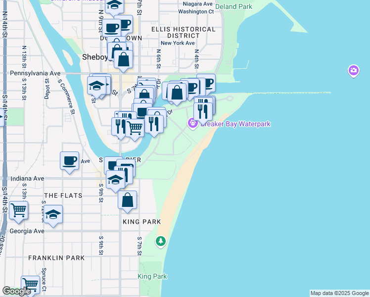 map of restaurants, bars, coffee shops, grocery stores, and more near 853 Beachfront Drive in Sheboygan