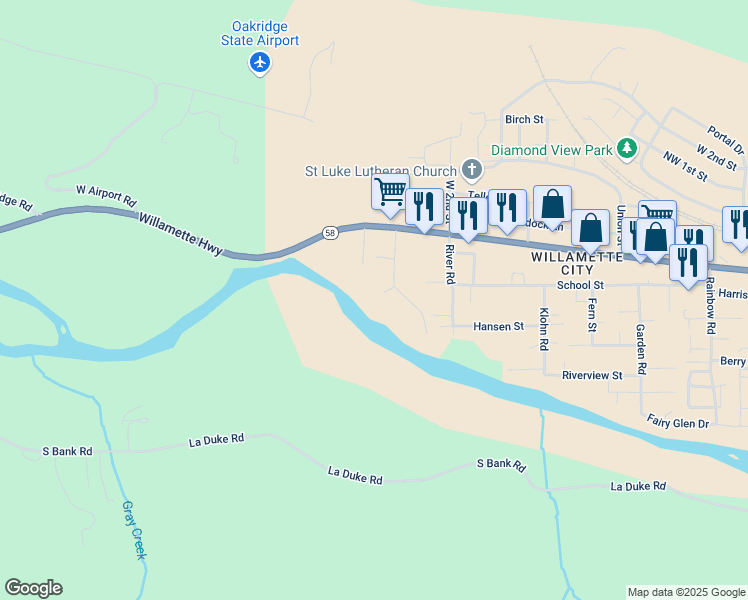 map of restaurants, bars, coffee shops, grocery stores, and more near 76392 Thatcher Lane in Oakridge