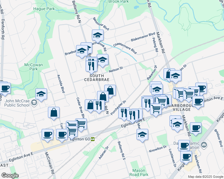 map of restaurants, bars, coffee shops, grocery stores, and more near in Toronto