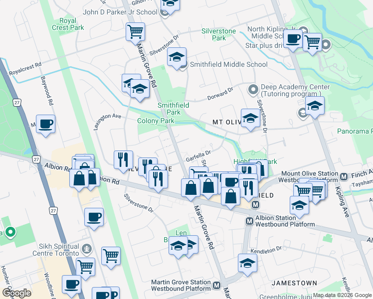map of restaurants, bars, coffee shops, grocery stores, and more near 190 Garfella Drive in Toronto