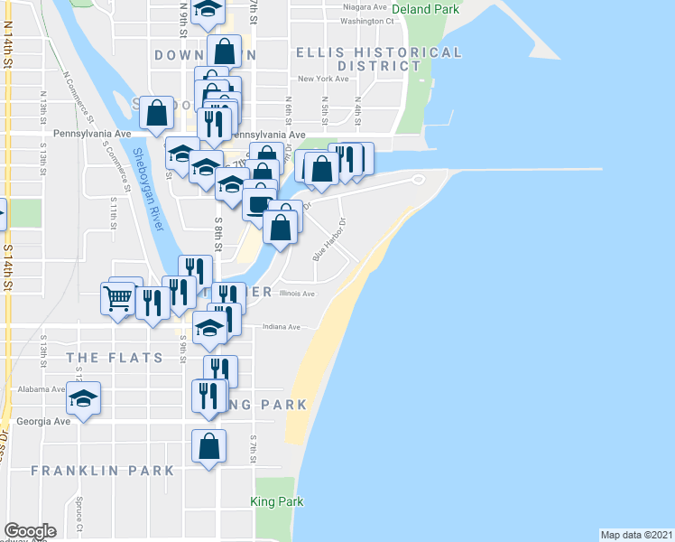 map of restaurants, bars, coffee shops, grocery stores, and more near 853 Beachfront Drive in Sheboygan