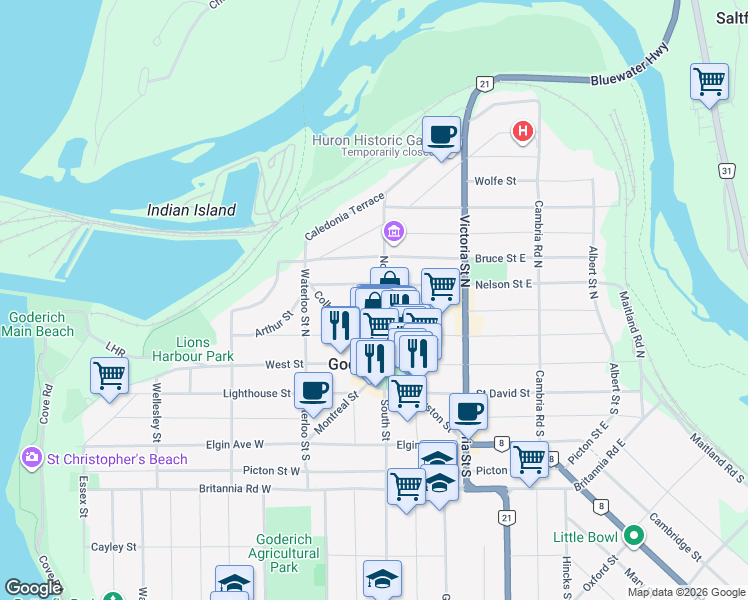 map of restaurants, bars, coffee shops, grocery stores, and more near 3 North Street in Goderich