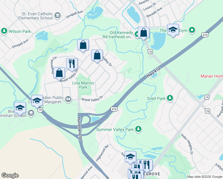 map of restaurants, bars, coffee shops, grocery stores, and more near 51 Royal Valley Drive in Caledon