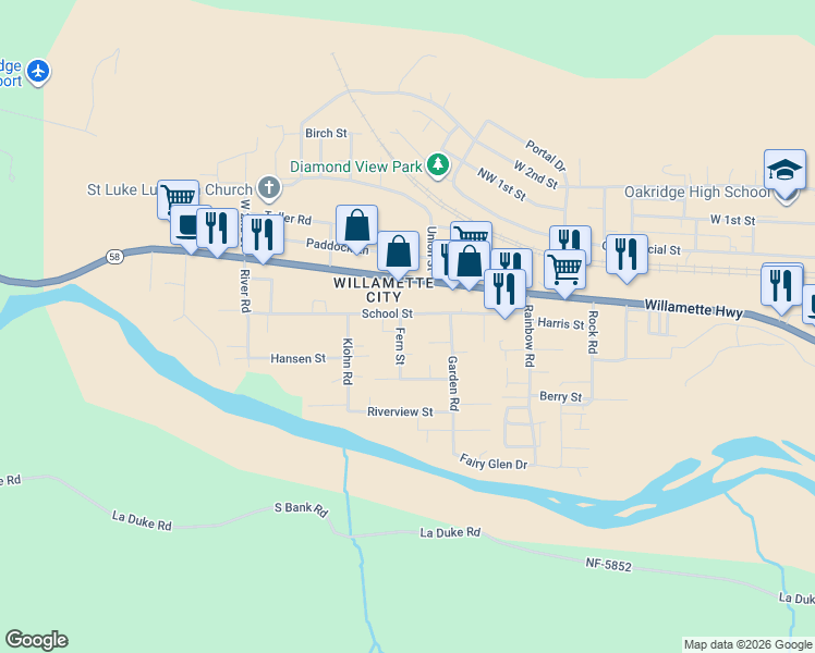 map of restaurants, bars, coffee shops, grocery stores, and more near 76375 Fern Street in Oakridge