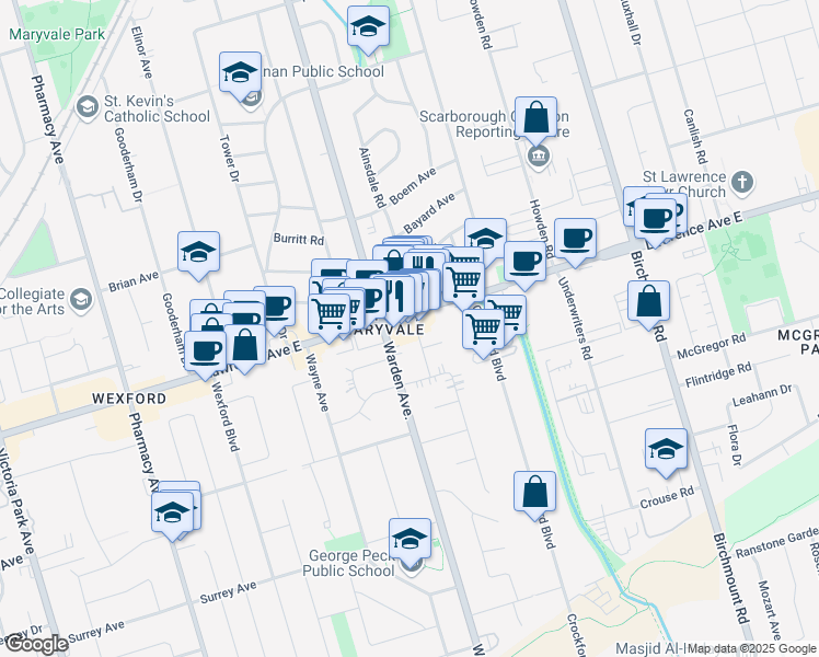 map of restaurants, bars, coffee shops, grocery stores, and more near 2069 Lawrence Avenue East in Toronto