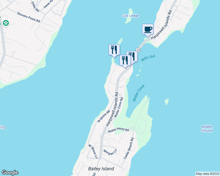 map of restaurants, bars, coffee shops, grocery stores, and more near 6 Windward Way in Harpswell