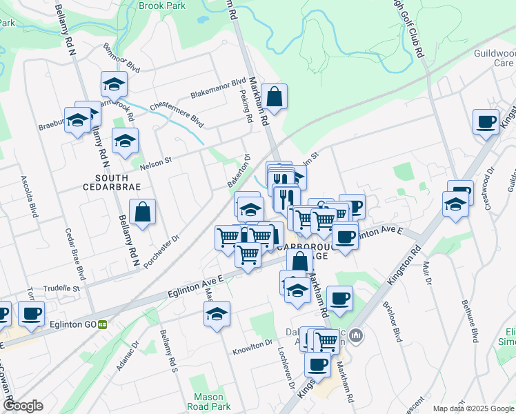 map of restaurants, bars, coffee shops, grocery stores, and more near in Toronto