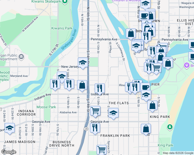 map of restaurants, bars, coffee shops, grocery stores, and more near 930 South 13th Street in Sheboygan