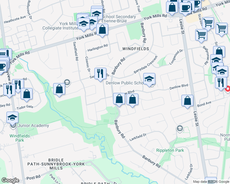 map of restaurants, bars, coffee shops, grocery stores, and more near 153 Banbury Road in Toronto