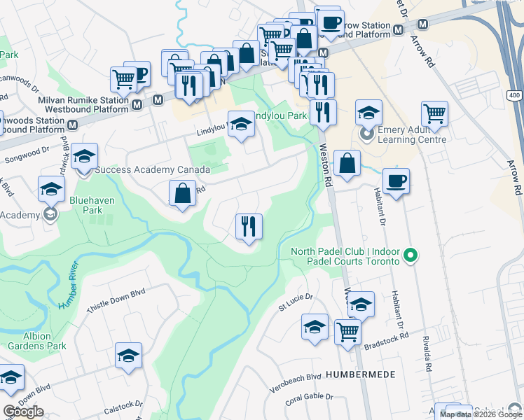 map of restaurants, bars, coffee shops, grocery stores, and more near 25 Storer Drive in Toronto