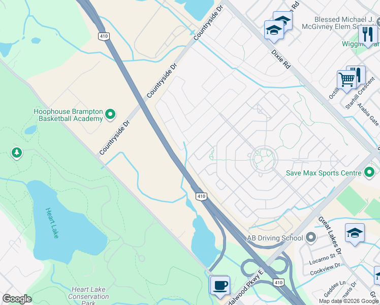 map of restaurants, bars, coffee shops, grocery stores, and more near 60 Muzzo Drive in Brampton