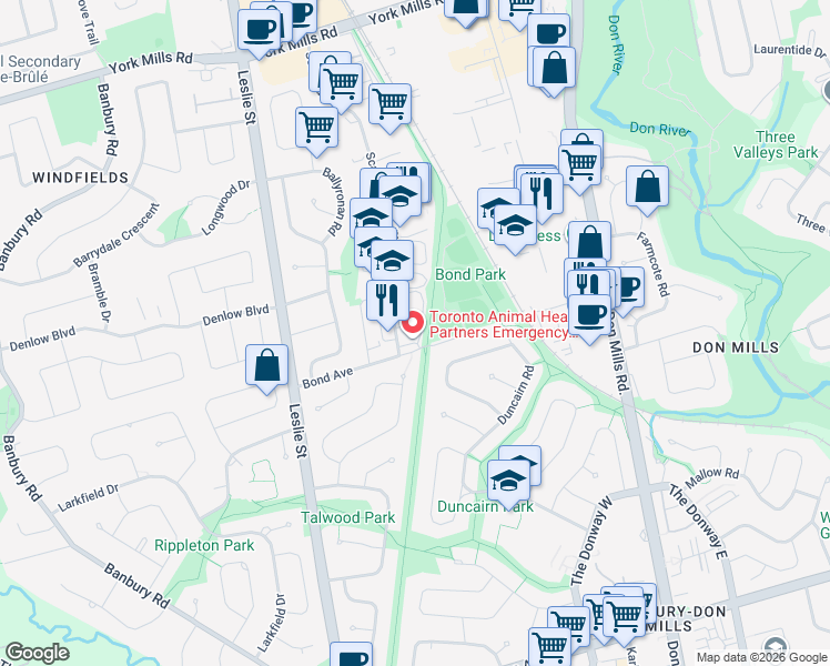 map of restaurants, bars, coffee shops, grocery stores, and more near 1 Scarsdale Road in Toronto