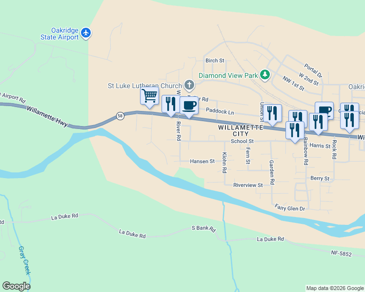map of restaurants, bars, coffee shops, grocery stores, and more near 47541 Hansen Street in Oakridge