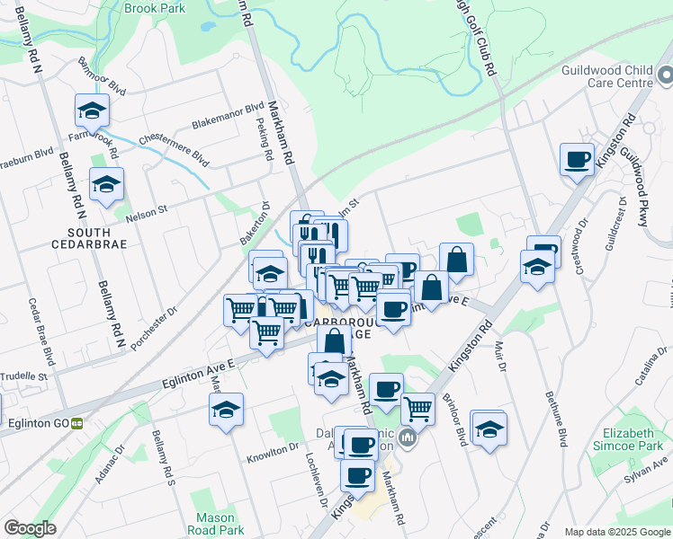 map of restaurants, bars, coffee shops, grocery stores, and more near Cougar Court in Toronto
