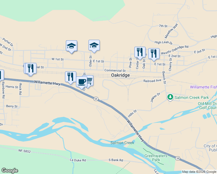 map of restaurants, bars, coffee shops, grocery stores, and more near 76349 Willamette Way in Oakridge
