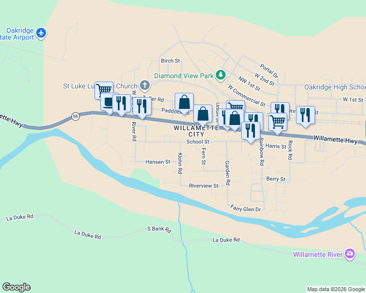 map of restaurants, bars, coffee shops, grocery stores, and more near 47564 School Street in Oakridge