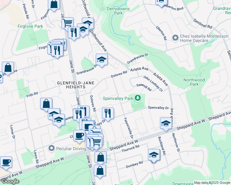 map of restaurants, bars, coffee shops, grocery stores, and more near 4 Arthur Griffith Drive in Toronto