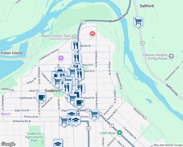 map of restaurants, bars, coffee shops, grocery stores, and more near 85 Cambria Road North in Goderich