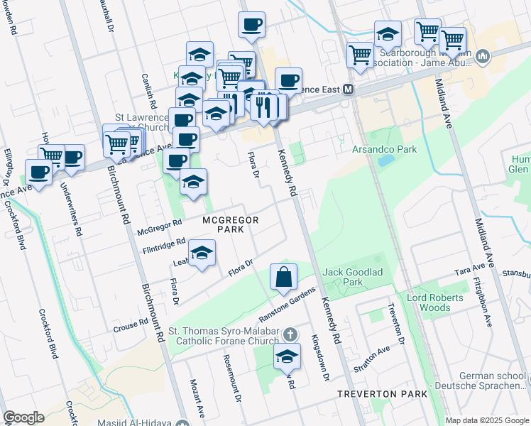 map of restaurants, bars, coffee shops, grocery stores, and more near 15 Radnor Avenue in Toronto