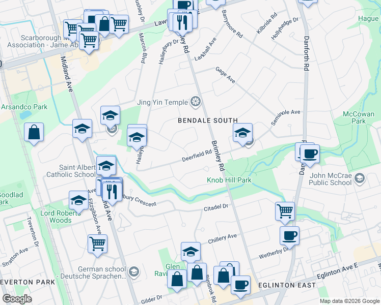 map of restaurants, bars, coffee shops, grocery stores, and more near 52 Bonnechere Crescent in Toronto