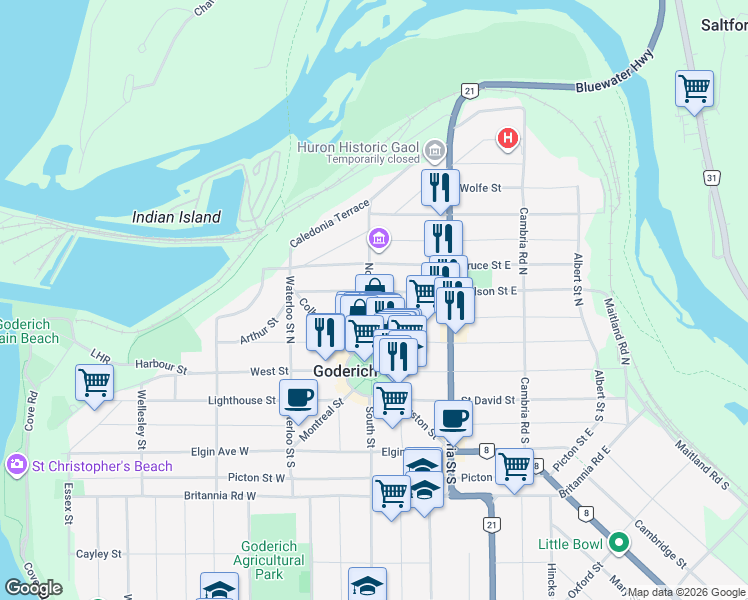 map of restaurants, bars, coffee shops, grocery stores, and more near 1 Nelson Street East in Goderich