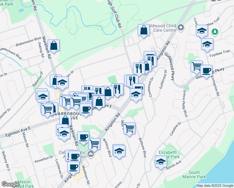 map of restaurants, bars, coffee shops, grocery stores, and more near 3420 Eglinton Avenue East in Toronto