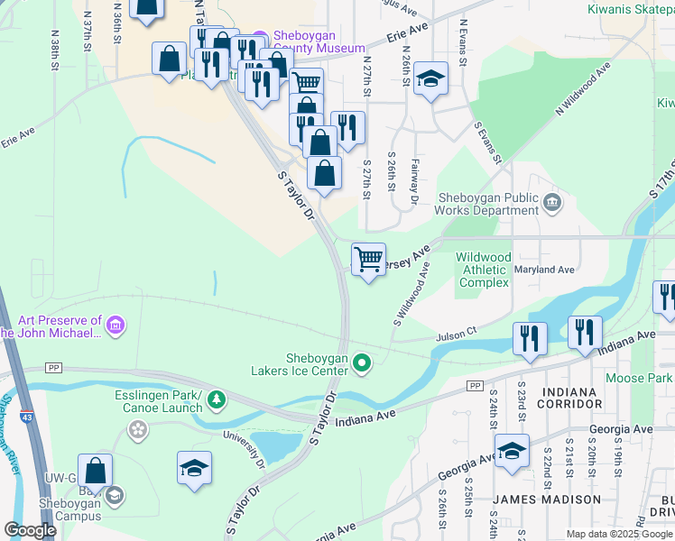 map of restaurants, bars, coffee shops, grocery stores, and more near 826 South Taylor Drive in Sheboygan
