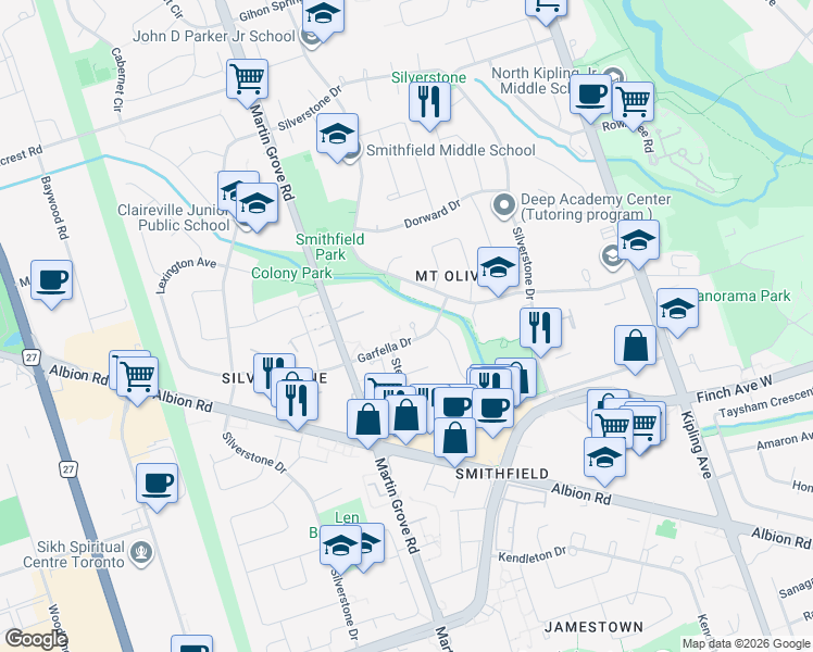 map of restaurants, bars, coffee shops, grocery stores, and more near 10 Garfella Drive in Toronto