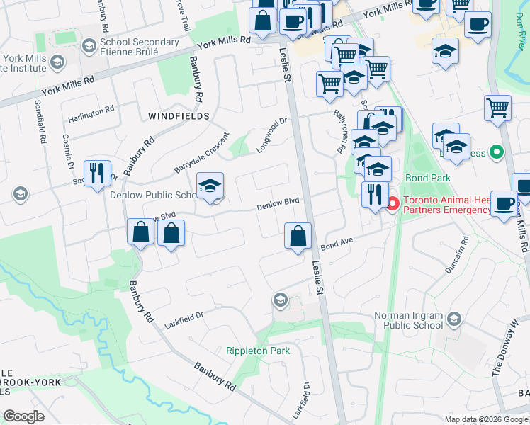 map of restaurants, bars, coffee shops, grocery stores, and more near 27 Denlow Boulevard in Toronto