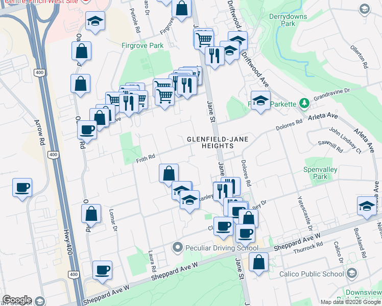 map of restaurants, bars, coffee shops, grocery stores, and more near 12 Lambrinos Lane in Toronto