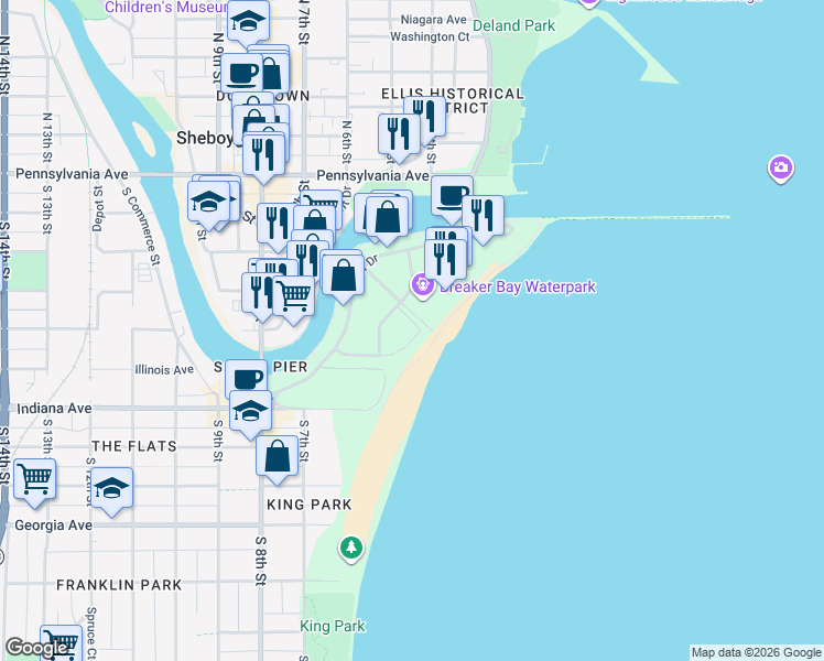 map of restaurants, bars, coffee shops, grocery stores, and more near 725 Blue Harbor Drive in Sheboygan